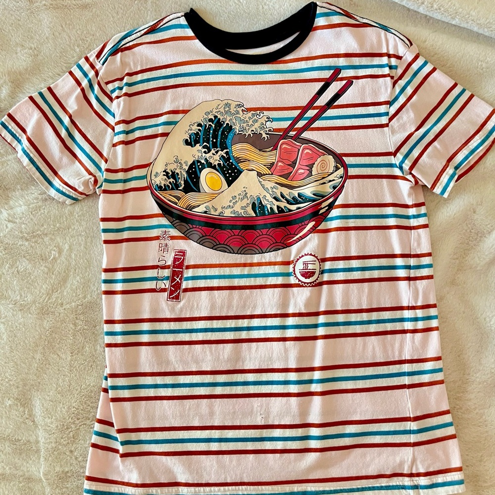 Red and Black Striped Tee with Ramen Graphic